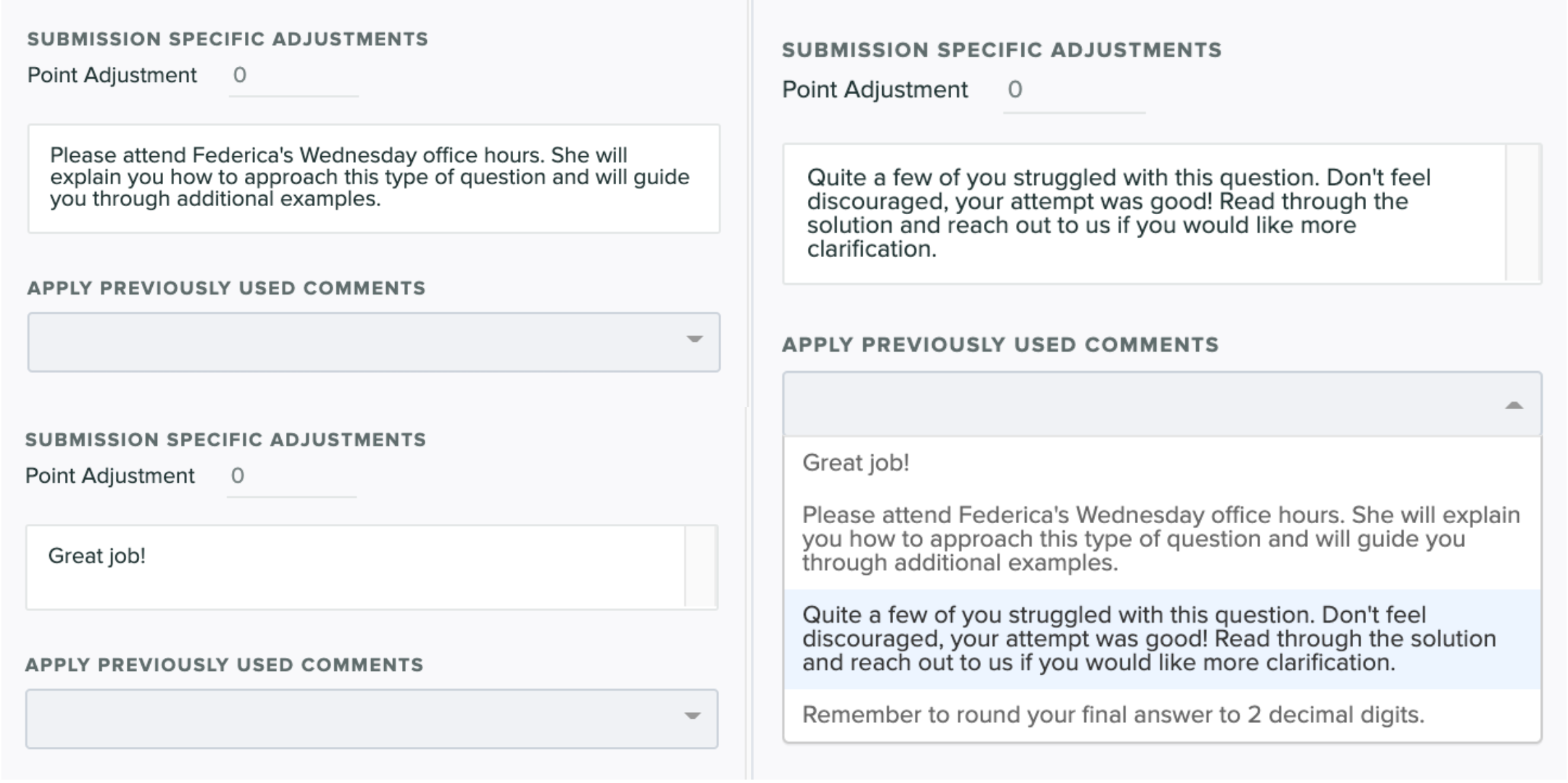 Screenshot from Gradescope's website showing several examples of personalized feedback, as well as a list of previously assigned feedback among which to possibly select.