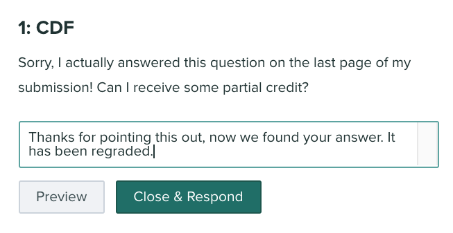 Screenshot from Gradescope's website showing a regrade request being handled.