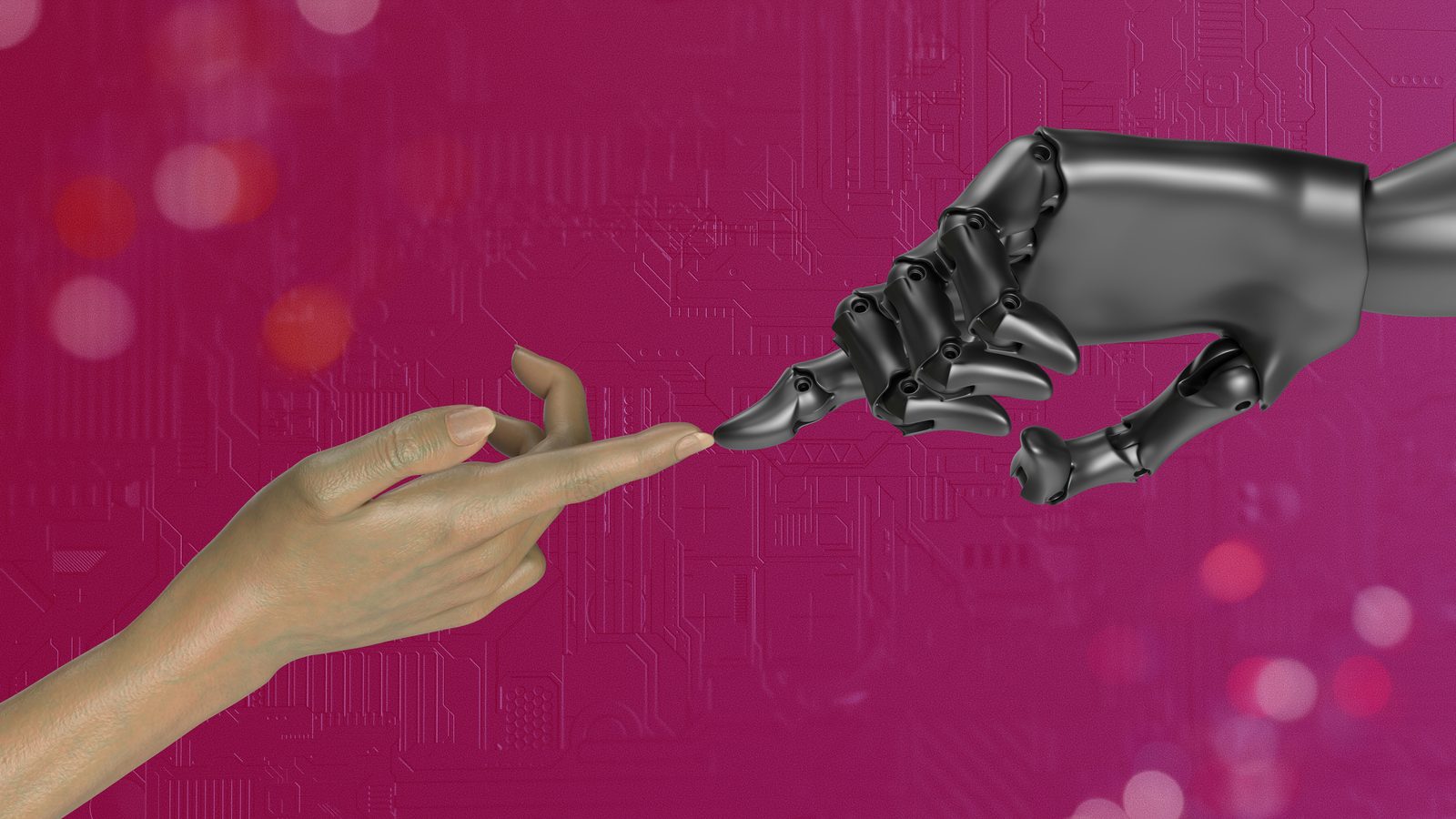 A human hand and a black robotic hand reaching toward each other until their index fingers almost touch, against a magenta circuit-board background.