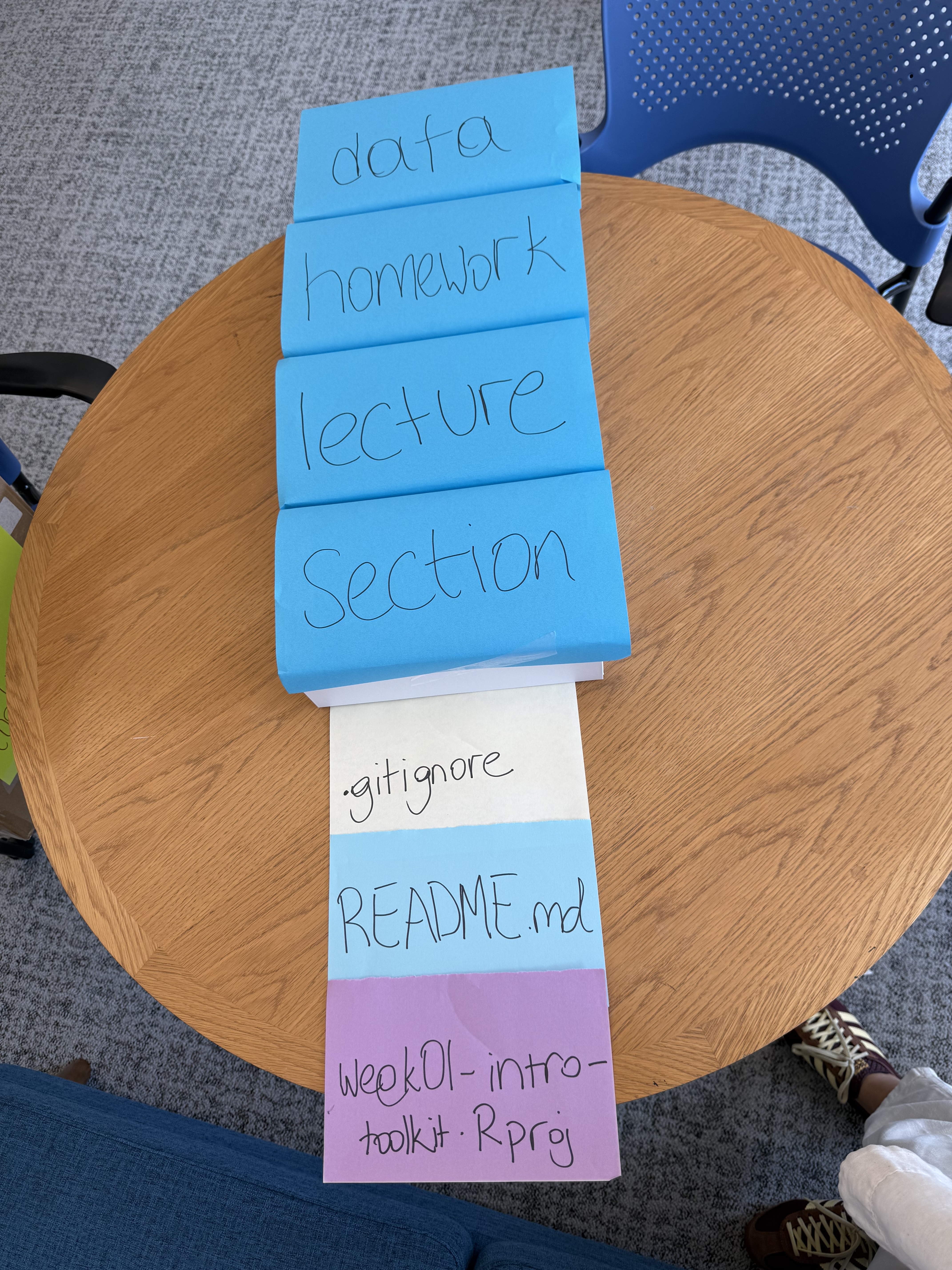 Four blue boxes labeled data, homework, lecture, and section, stacked above three sheets of paper labeled .gitignore, README.md, and week01-intro-toolkit.Rproj.